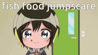 a picture of a girl with the words fish food jumpscare on the bottom