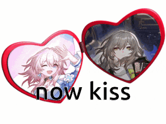 two red hearts with a picture of a girl and the words now kiss