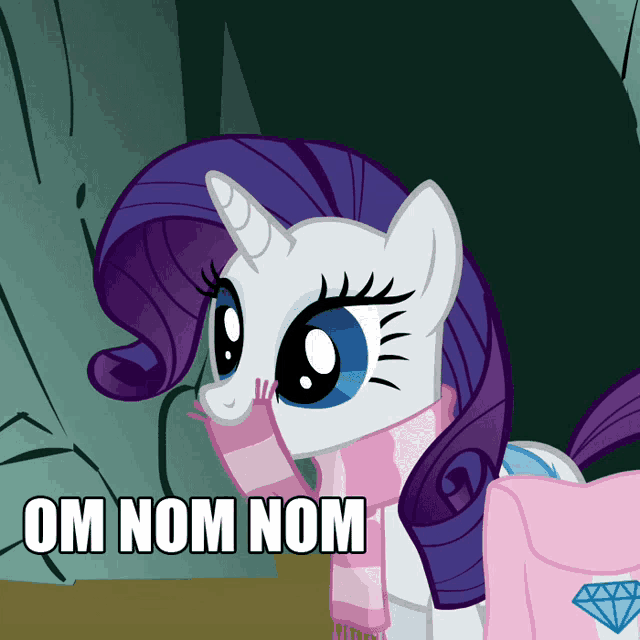 a cartoon pony with a scarf around her neck and the words om nom nom below her