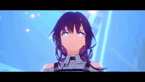 a girl with purple hair is standing in front of a blue background .