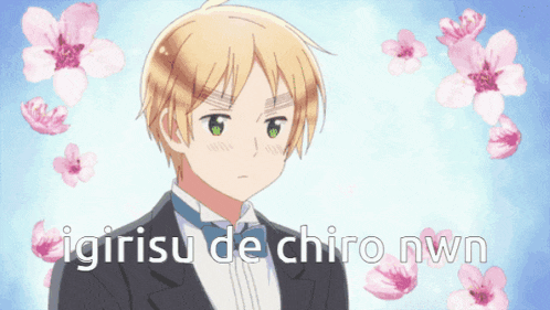 a man in a tuxedo is surrounded by pink flowers and the words igirusu de chiro nwn