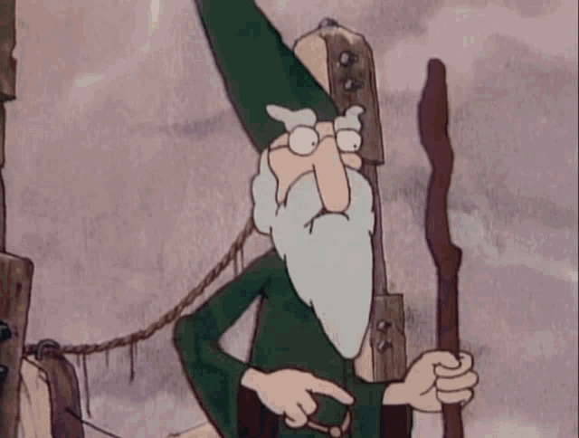 a cartoon character with a beard and a green hat is holding a wand