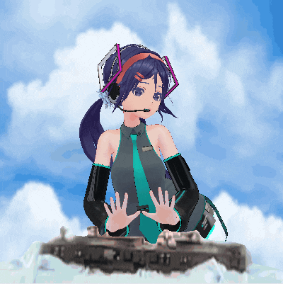 a girl wearing headphones and a tie is sitting on a table with her hands outstretched