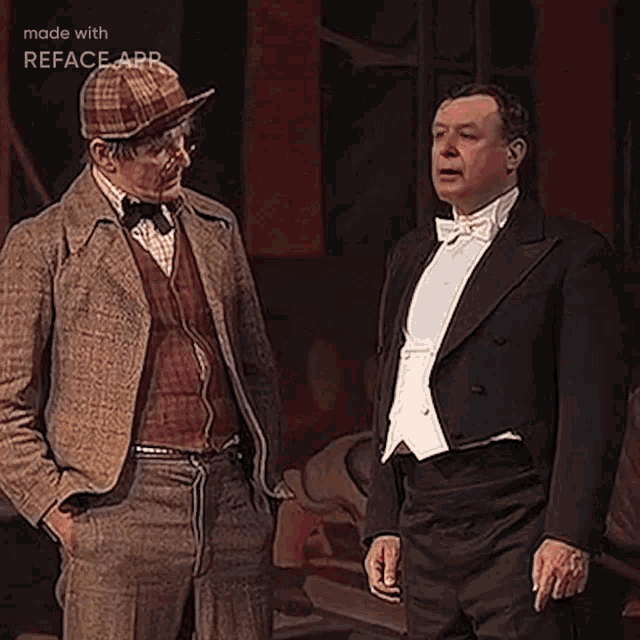 two men are standing next to each other with their hands in their pockets and made with reface app .