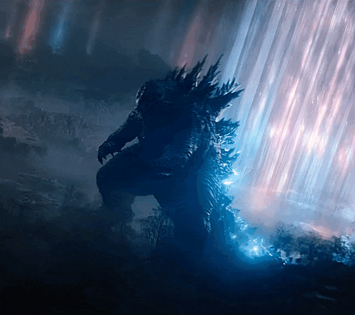 a painting of a monster in the dark with a blue light behind it