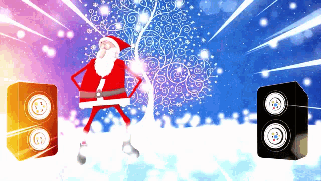a cartoon of santa claus dancing in front of a speaker