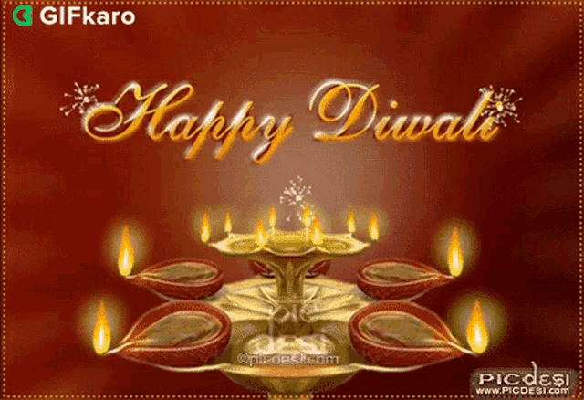 a happy diwali greeting card with oil lamps