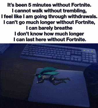 a picture of hatsune miku laying on a keyboard with a quote about fortnite