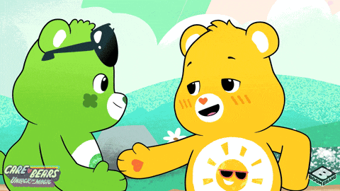 two care bears are standing next to each other with the words care bears jungle magic on the bottom