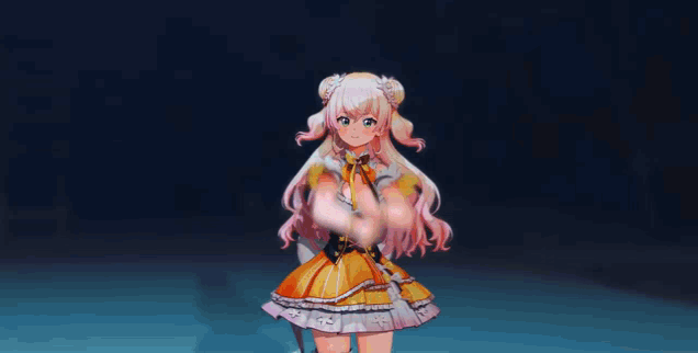 a girl with pink hair is wearing an orange dress