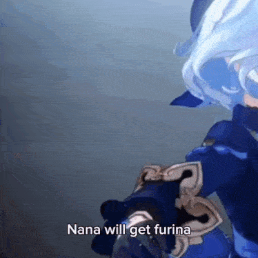 a video game character with blue hair is holding a sword and says `` nana will get furia '' .