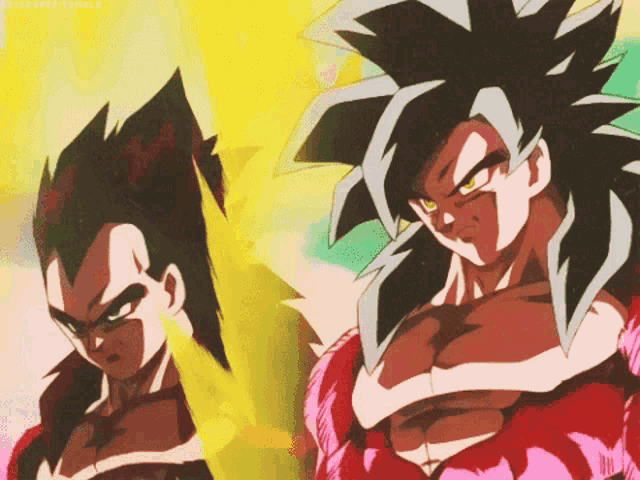 a couple of anime characters standing next to each other with the words dragonball tumblr on the bottom right