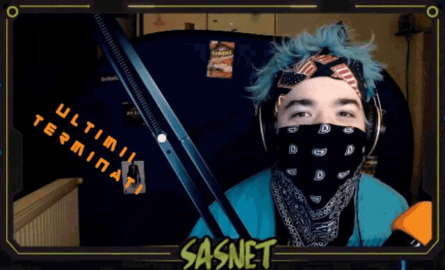 a person wearing headphones and a bandana with sasnet on the bottom right