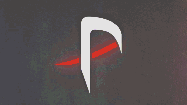 a white letter p with a blue arrow pointing to the right