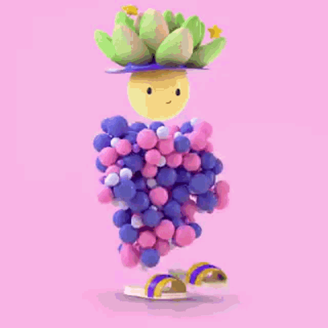 a cartoon character with a flower on his head and a bunch of balloons on his body .