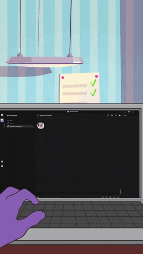a purple hand is typing on a laptop with a checklist on the wall