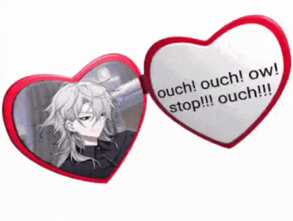 a heart shaped mirror with a picture of a boy and the words `` ouch ouch ow stop !!! ouch !!! ''