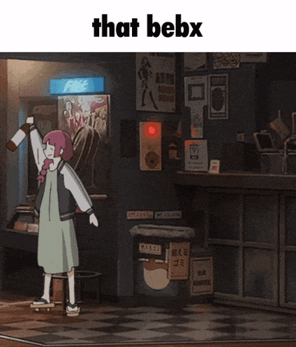 a cartoon of a girl holding a bottle in front of a sign that says " that bebx "