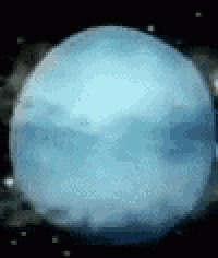 a close up of a blue planet in space with stars in the background .