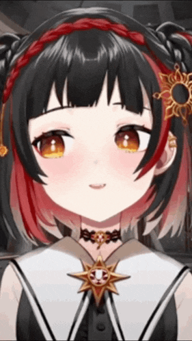 a girl with black hair and red highlights is wearing a choker with a star on it