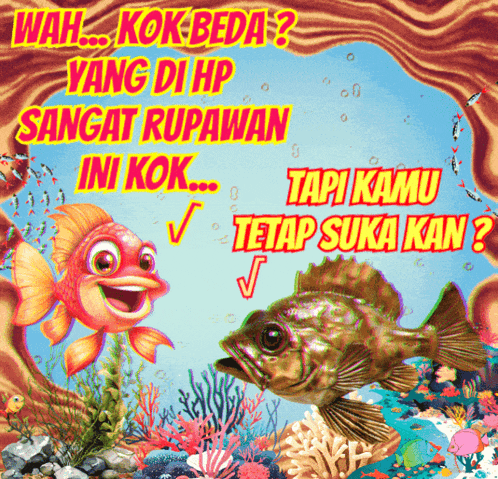 a poster with two fish and the words wah kok beda yang di hp sangat rupawan