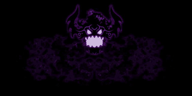 a purple demon with horns is surrounded by purple circles on a black background