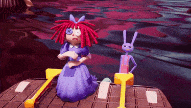 a cartoon doll with red hair and a blue eye is standing next to a purple rabbit