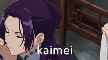 a woman with purple hair is holding a piece of paper and the word kaimei is above her
