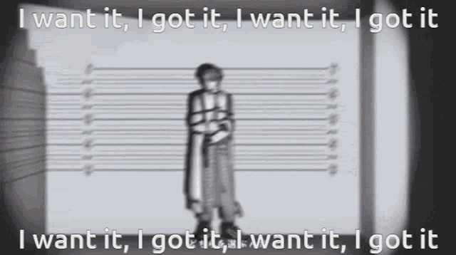 a blurred image of a man with the words " i want it i got it i want it i got it " above him