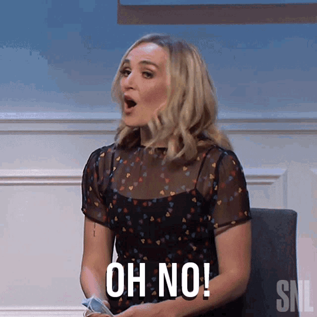 a woman is sitting in front of a snl logo and says oh no