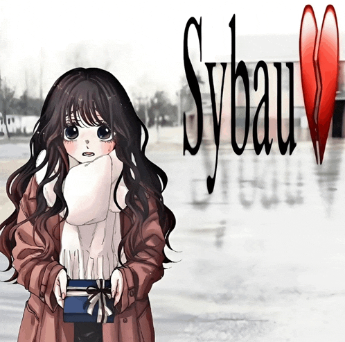 a girl is holding a gift in front of a sybau logo