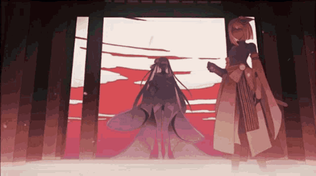 two anime characters standing next to each other in a room