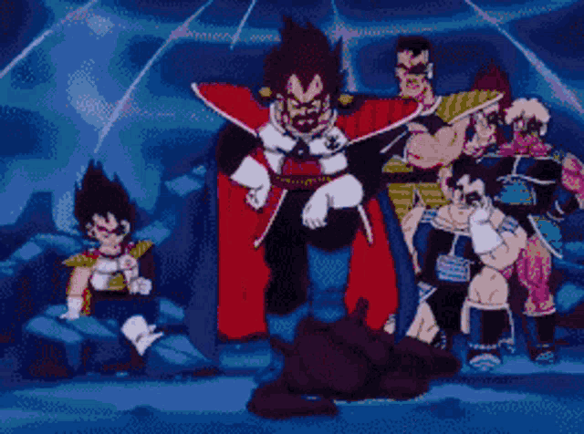 a group of cartoon characters are standing in a dark cave