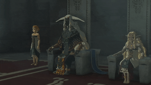 a man sits on a throne next to two women in a dark room