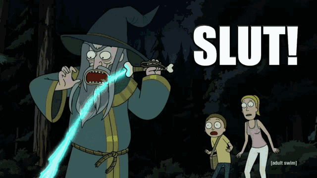 a cartoon of a wizard holding a sword with the word slut written above him