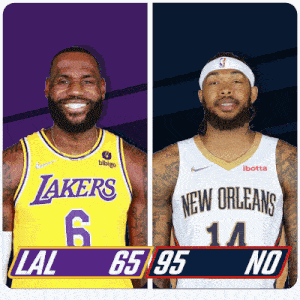 two basketball players from the lakers and new orleans are standing next to each other