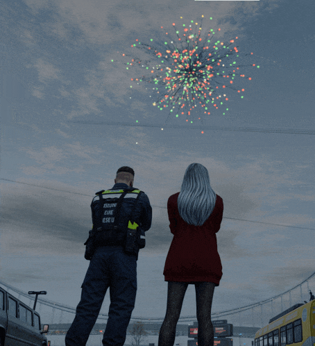 a man and a woman watching fireworks with the man wearing a vest that says ' tallinn eine '