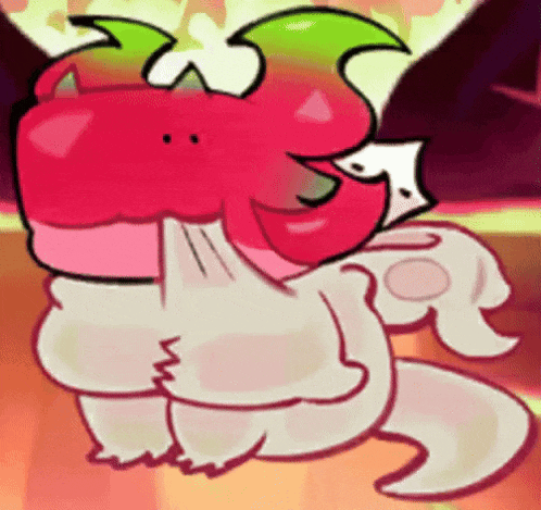 a cartoon character with a red head and green wings is standing next to a white dog .