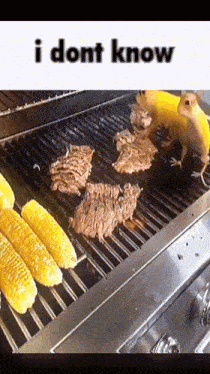 a picture of corn on the cob and meat on a grill with the words i dont know above it