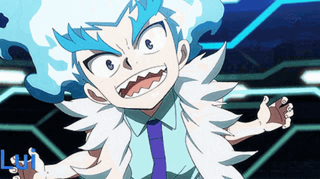 a cartoon character with blue hair and white feathers has the letter l on the bottom right