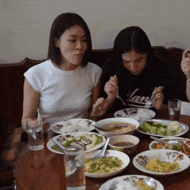 two women are sitting at a table with plates of food and one of them is wearing a shirt that says ' lani '