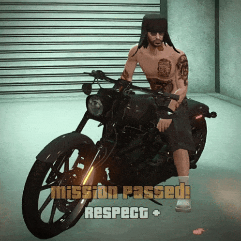 a man is sitting on a motorcycle with the words mission passed respect written below him