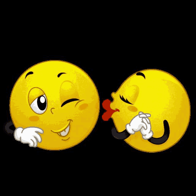 two cartoon smiley faces are kissing each other on the cheek .