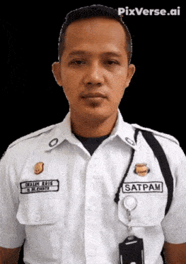 a man is wearing a white uniform with the name satpam on his chest