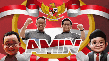 two men are standing in front of a red white and blue banner that says amin