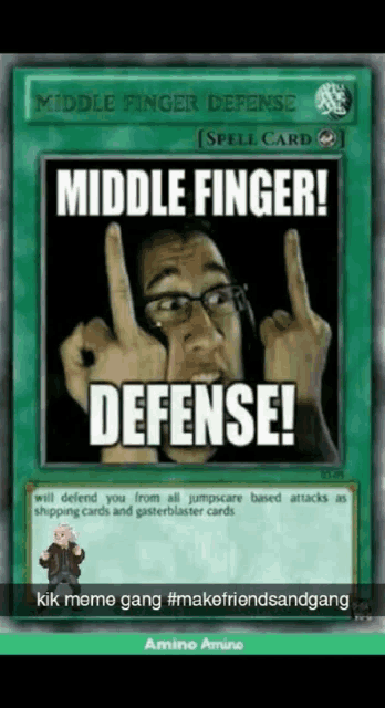 a card that says middle finger defense with a picture of a man