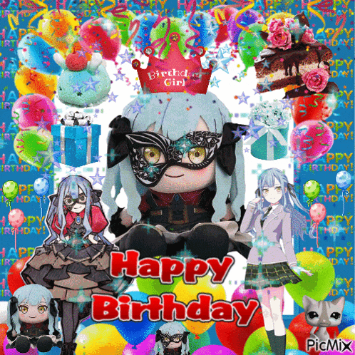 a picture of a girl with a mask and the words happy birthday on the bottom