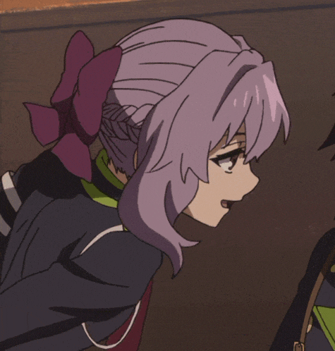 a girl with purple hair and a bow on her head