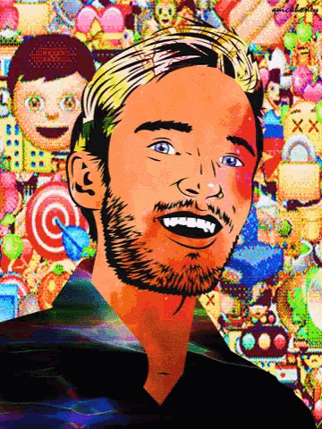 a man with a beard is smiling in front of a collage of colorful emojis