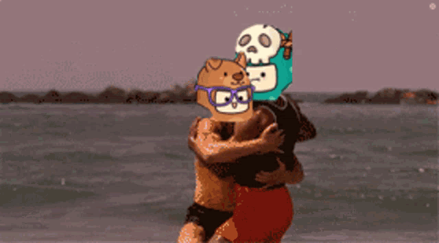 a cartoon of two people hugging with one wearing a mask with the letter g on it